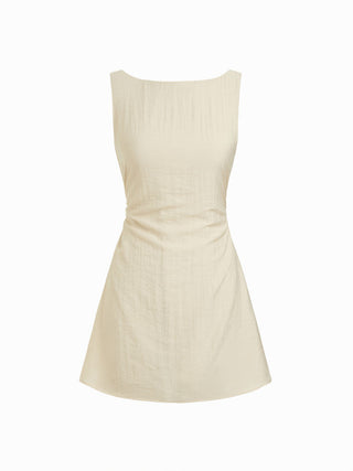 Linen-blend Boat Neck Solid Knotted Backless Mini Dress