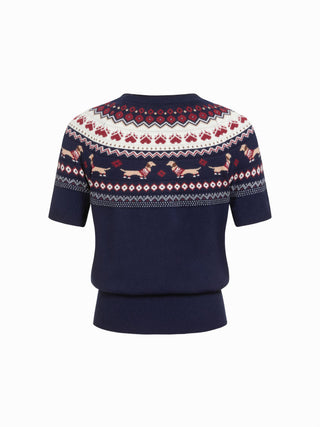 Knit Dachshund Graphic Puff Sleeve Short Sleeve Top