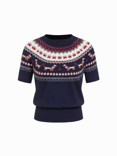 Knit Dachshund Graphic Puff Sleeve Short Sleeve Top
