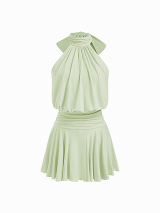 Stand Collar Sleeveless A-Line Mini Dress with Scarf