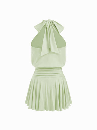 Stand Collar Sleeveless A-Line Mini Dress with Scarf