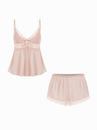 Satin V-neck Lace Trim Cami Top & Mid Rise Lace Hem Shorts Loungewear Set