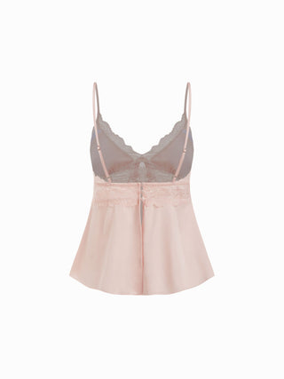 Satin V-neck Lace Trim Cami Top & Mid Rise Lace Hem Shorts Loungewear Set