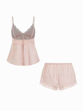 Satin V-neck Lace Trim Cami Top & Mid Rise Lace Hem Shorts Loungewear Set