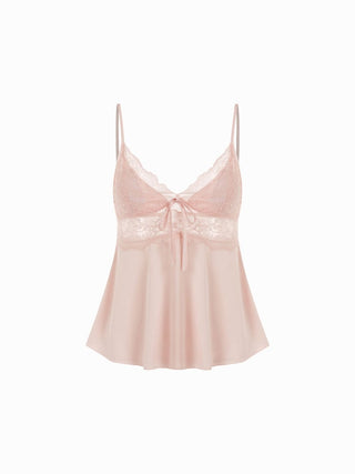 Satin V-neck Lace Trim Cami Top & Mid Rise Lace Hem Shorts Loungewear Set
