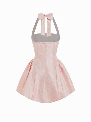 Jacquard Sculptural Halter Neckline Floral Bowknot Ruched Flared Mini Dress