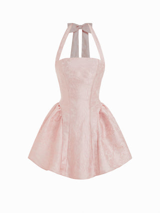 Jacquard Sculptural Halter Neckline Floral Bowknot Ruched Flared Mini Dress