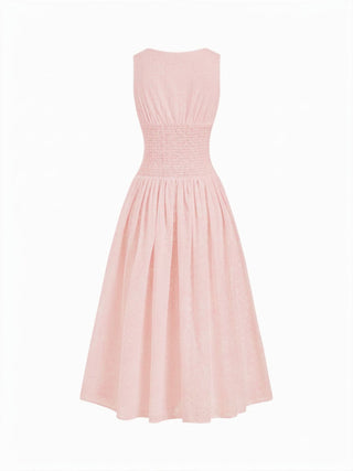 Woven Cotton-blend Sculptural V-neck Broderie Anglaise Floral Lace Trim Button Midi Dress For Vacation