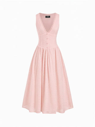 Woven Cotton-blend Sculptural V-neck Broderie Anglaise Floral Lace Trim Button Midi Dress For Vacation