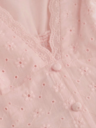 Woven Cotton-blend Sculptural V-neck Broderie Anglaise Floral Lace Trim Button Midi Dress For Vacation