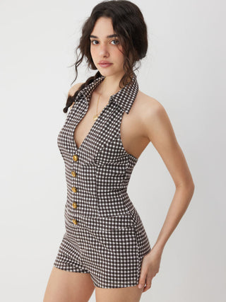 Woven Plaid Button Decor Halter Neck Romper