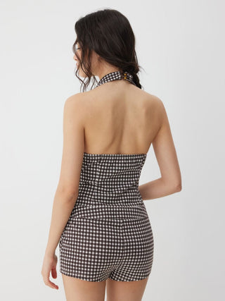 Woven Plaid Button Decor Halter Neck Romper