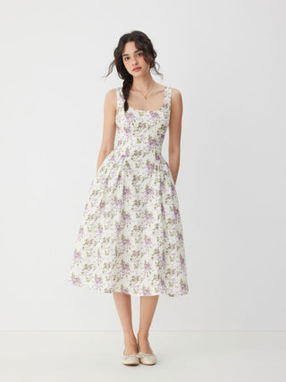 Woven Mid Rise Floral Sleeveless Midi Dress For Daily Casual Vacation