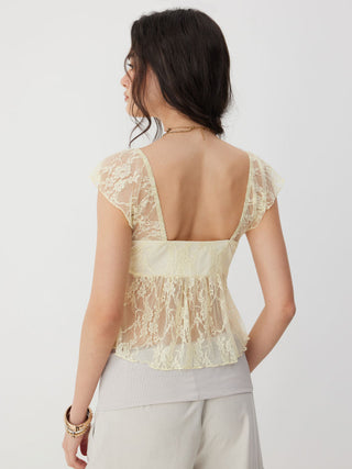 Lace Sweetheart Neck Ruffle Sleeve Bowknot Asymmetrical Hem Top