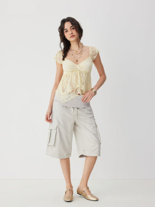 Lace Sweetheart Neck Ruffle Sleeve Bowknot Asymmetrical Hem Top