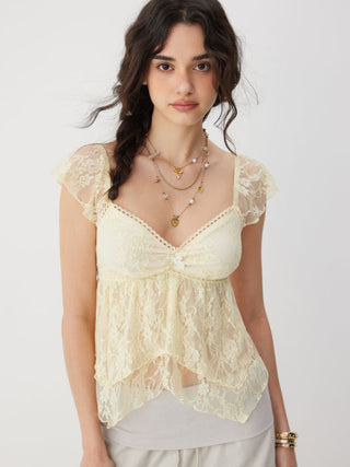 Lace Sweetheart Neck Ruffle Sleeve Bowknot Asymmetrical Hem Top