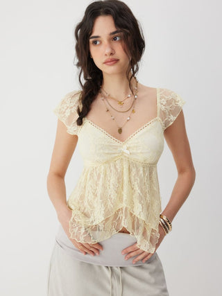 Lace Sweetheart Neck Ruffle Sleeve Bowknot Asymmetrical Hem Top