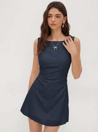 Linen-blend Boat Neck Solid Knotted Backless Mini Dress