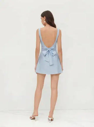 Linen-blend Boat Neck Solid Knotted Backless Mini Dress