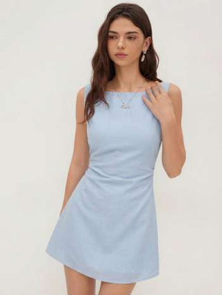 Linen-blend Boat Neck Solid Knotted Backless Mini Dress
