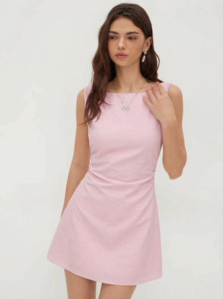 Linen-blend Boat Neck Solid Knotted Backless Mini Dress