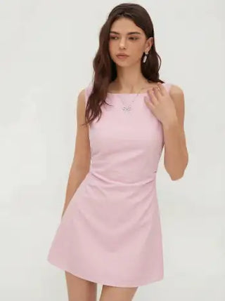 Linen-blend Boat Neck Solid Knotted Backless Mini Dress
