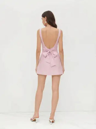 Linen-blend Boat Neck Solid Knotted Backless Mini Dress