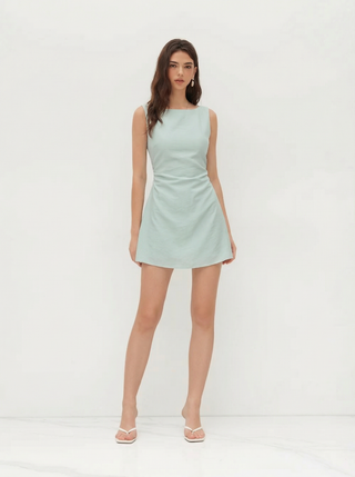 Linen-blend Boat Neck Solid Knotted Backless Mini Dress