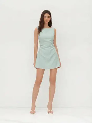 Linen-blend Boat Neck Solid Knotted Backless Mini Dress