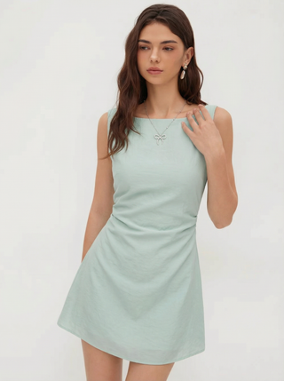 Linen-blend Boat Neck Solid Knotted Backless Mini Dress