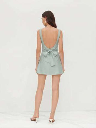 Linen-blend Boat Neck Solid Knotted Backless Mini Dress