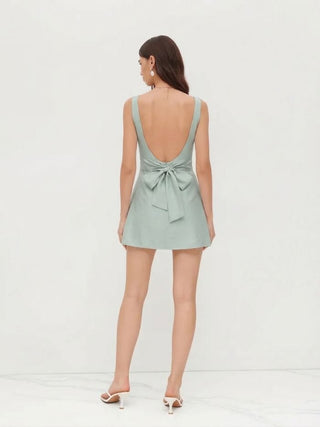 Linen-blend Boat Neck Solid Knotted Backless Mini Dress