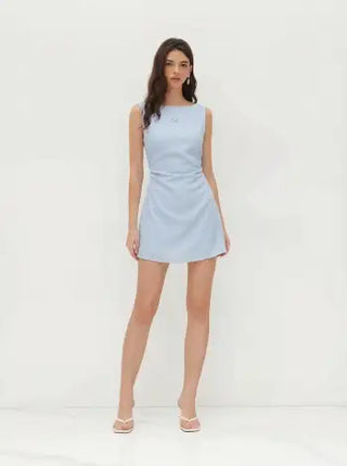 Linen-blend Boat Neck Solid Knotted Backless Mini Dress
