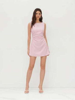 Linen-blend Boat Neck Solid Knotted Backless Mini Dress