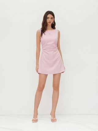 Linen-blend Boat Neck Solid Knotted Backless Mini Dress