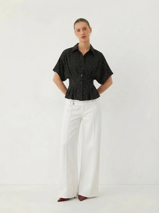 Chiffon Polka Dot Ruched Cinched Waist Batwing Sleeve Blouse
