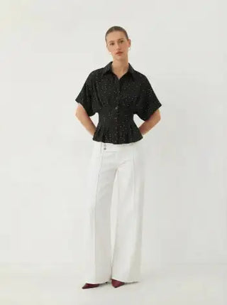 Chiffon Polka Dot Ruched Cinched Waist Batwing Sleeve Blouse