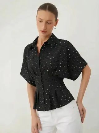 Chiffon Polka Dot Ruched Cinched Waist Batwing Sleeve Blouse