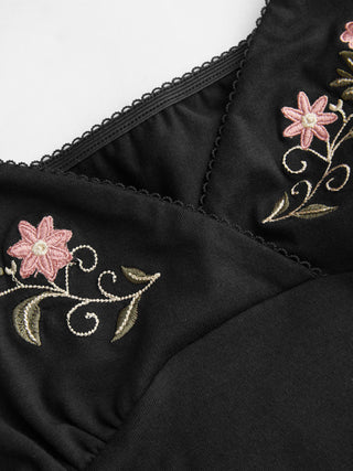 Cotton-blend V-Neck Floral Embroidery Ruched Puff Sleeve Top