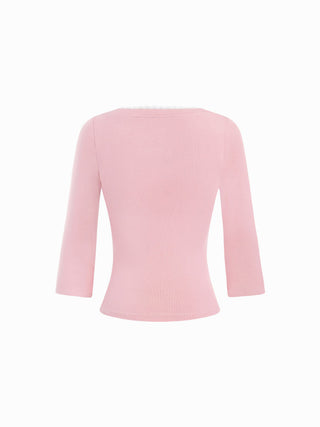 Viscose-blend V-neck Lace Panel 3/4 Long Sleeve Tee