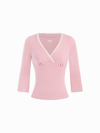 Viscose-blend V-neck Lace Panel 3/4 Long Sleeve Tee