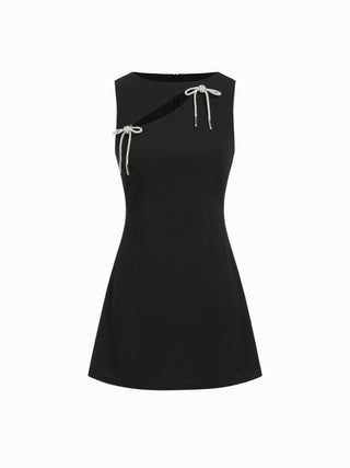 Boat Neck Cut Out Rhinestone Bowknot A-line Mini Dress