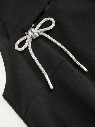 Boat Neck Cut Out Rhinestone Bowknot A-line Mini Dress