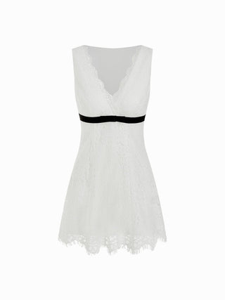 Lace V-neck Contrast Binding Bowknot A-line Mini Dress