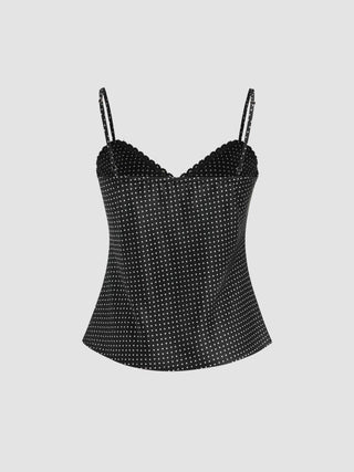 Sweetheart Neckline Polka Dot Lace Trim Knotted Cami Top