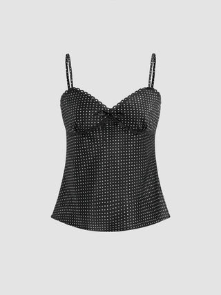 Sweetheart Neckline Polka Dot Lace Trim Knotted Cami Top
