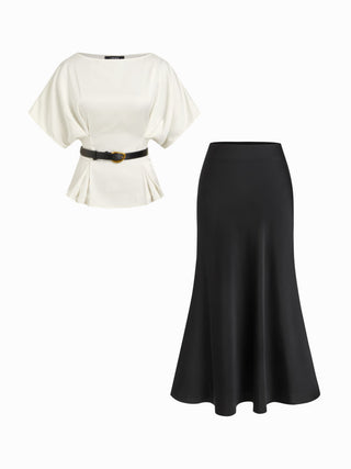 Satin Batwing Sleeve Top & Mid Rise Mermaid Skirt Set with Belt