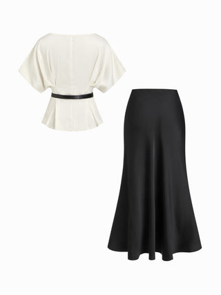 Satin Batwing Sleeve Top & Mid Rise Mermaid Skirt Set with Belt