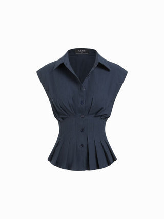 Linen-blend Pleated Button Blouse