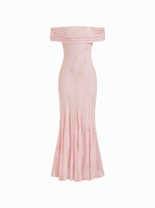 Mesh Floral Off-shoulder Ruched Mermaid Maxi Dress